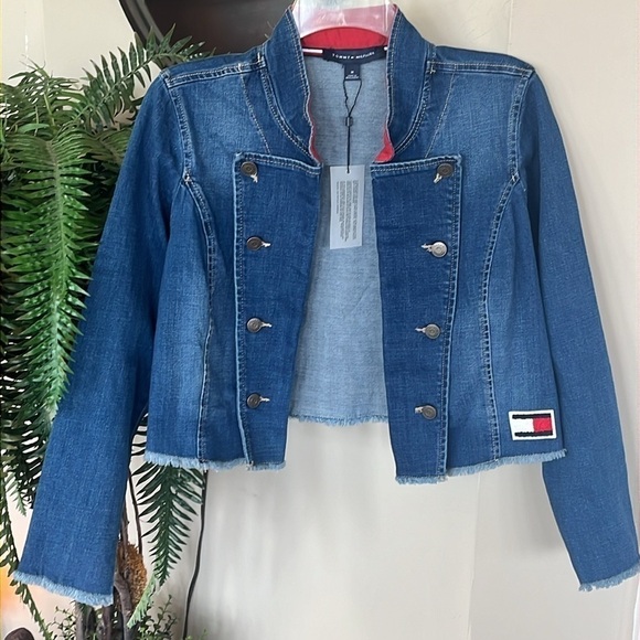 Brand New Tommy Hilfiger Blue Denim Jean Jacket Cropped Military Frayed Hem - Picture 5 of 12